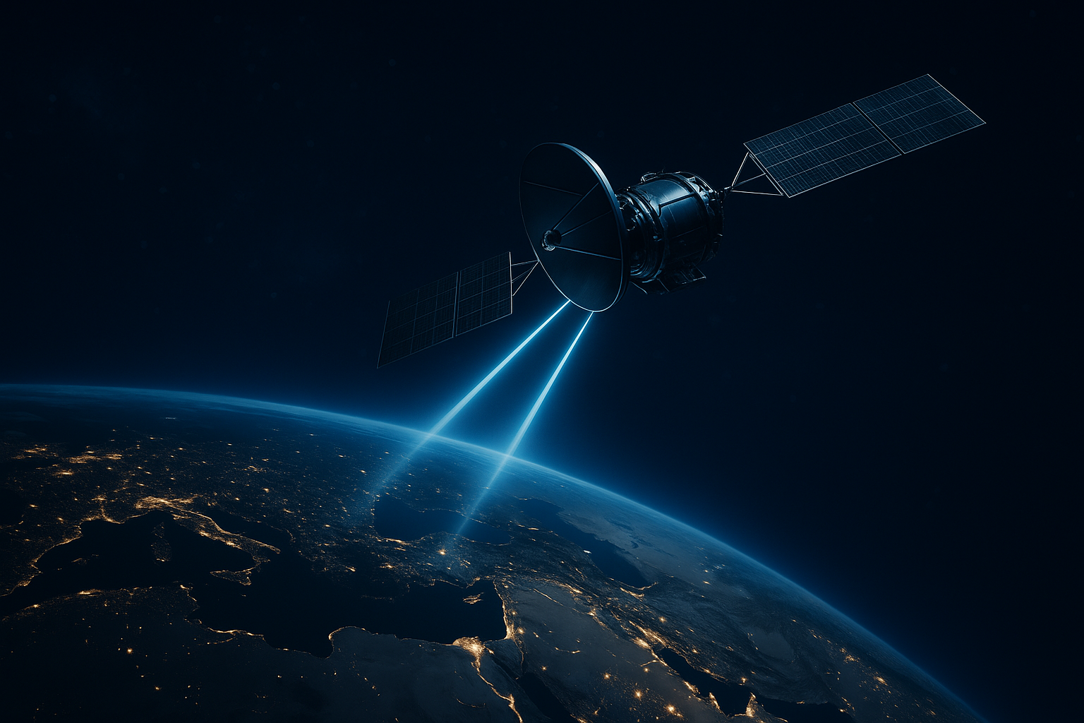 صورة تخيلية لقمر صناعي يبث إشارات نحو منطقة الشرق الأوسط وشمال أفريقيا