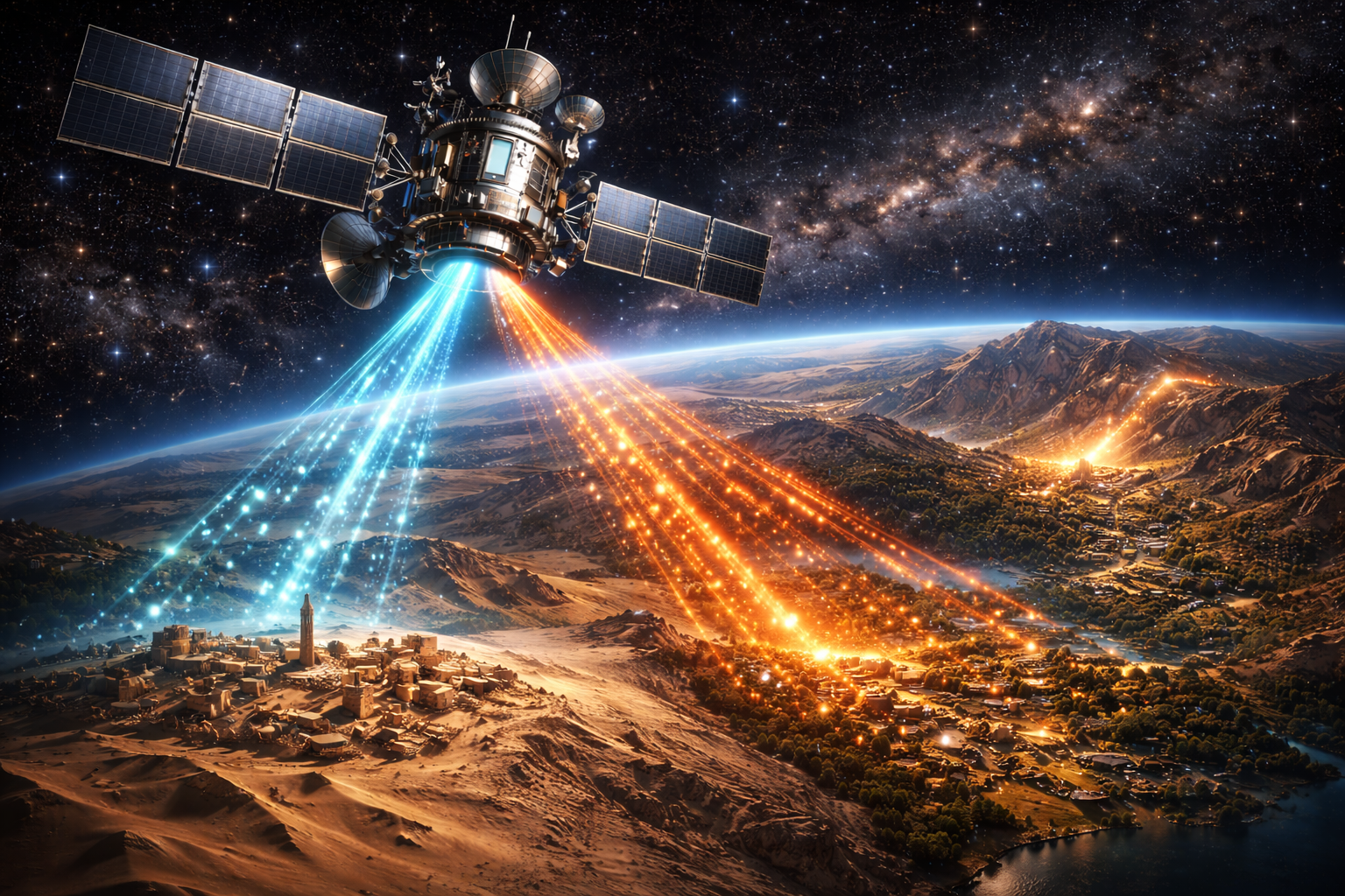 Ultra-detailed cinematic 3D render of a modern communication satellite orbiting Earth