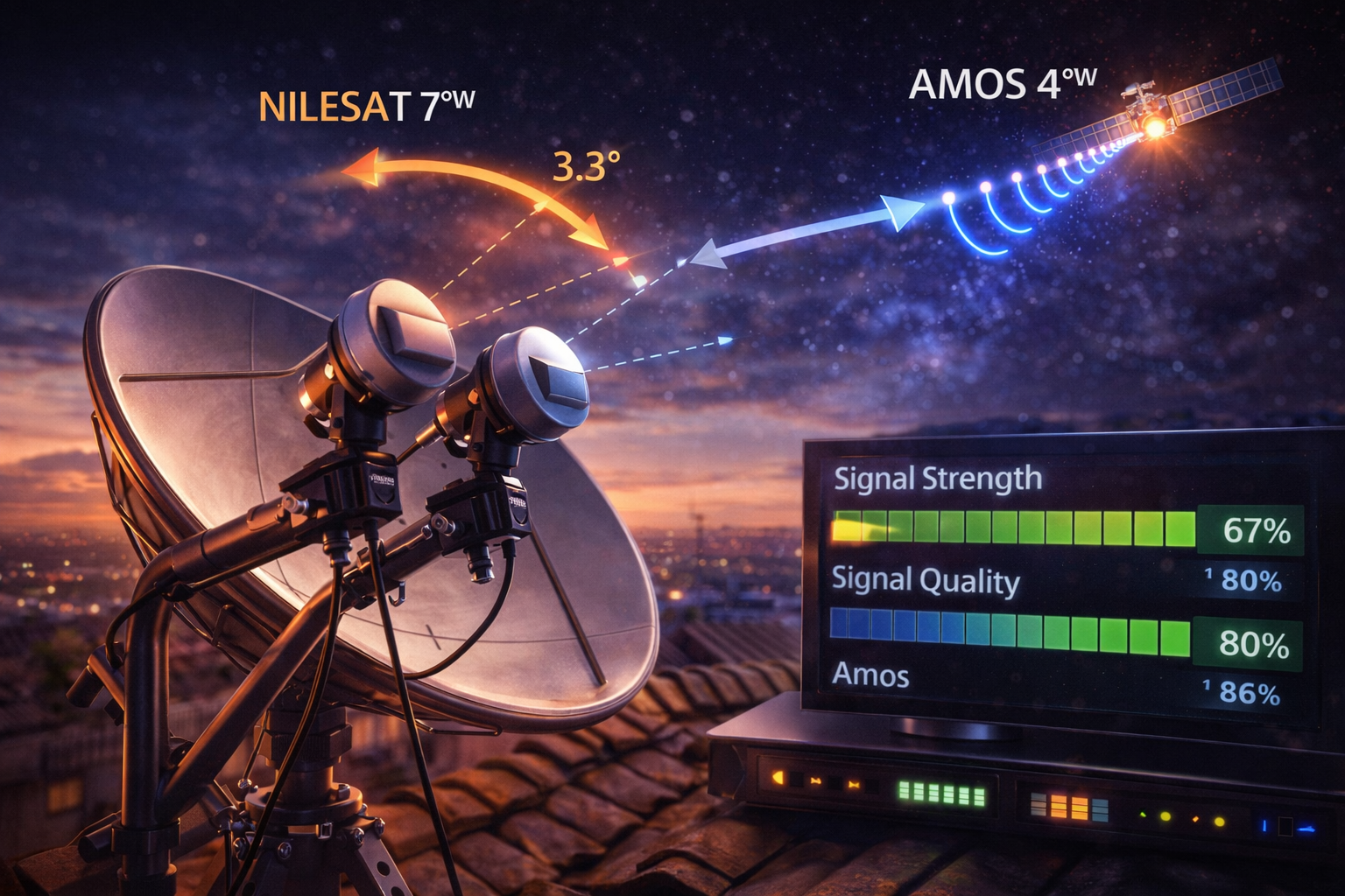 طريقة ضبط قمر اموس مع النايل سات في نفس الطبق خطوة خطوة