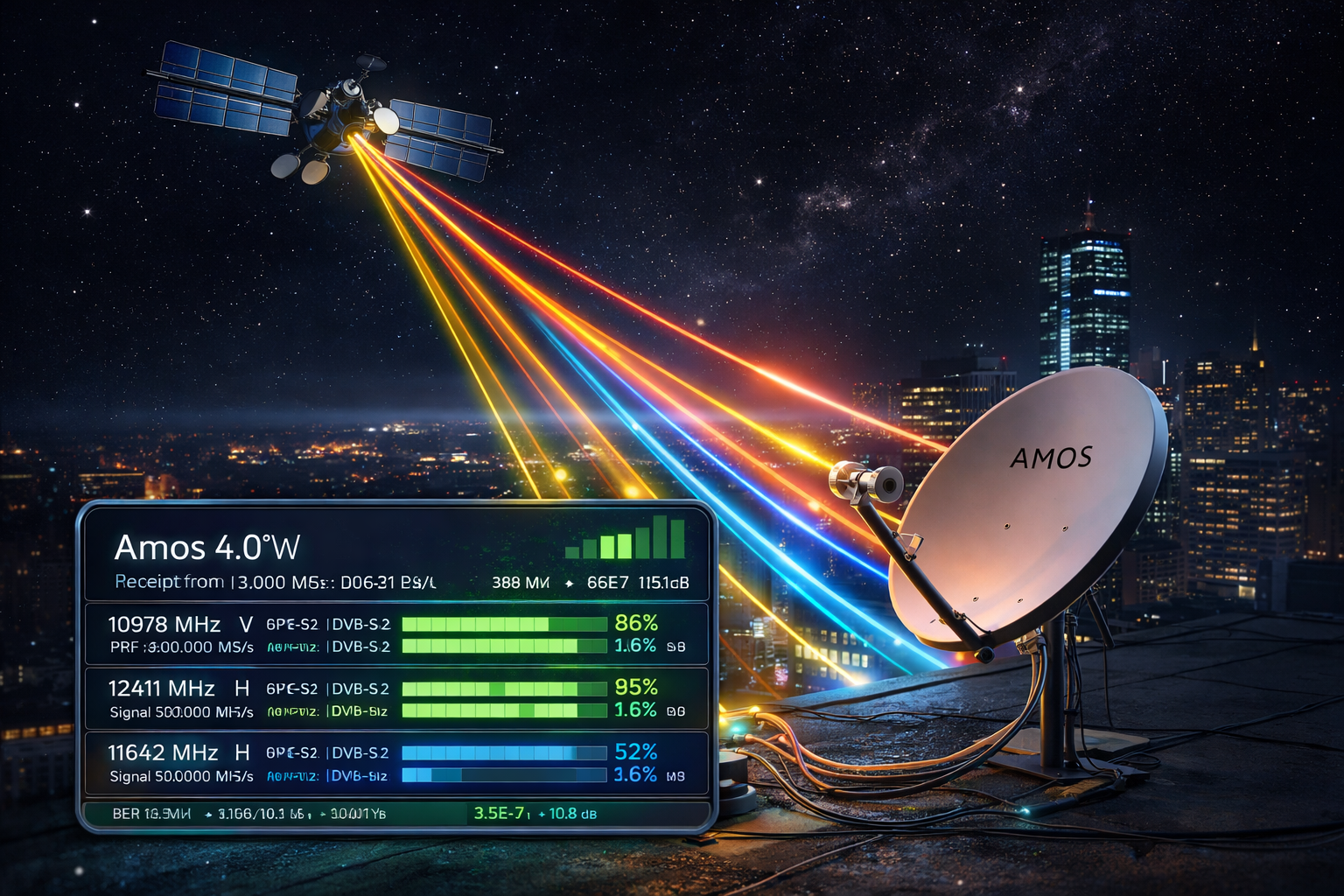 مشهد تقني يوضح استقبال إشارة قمر أموس وضبط الترددات في 2026