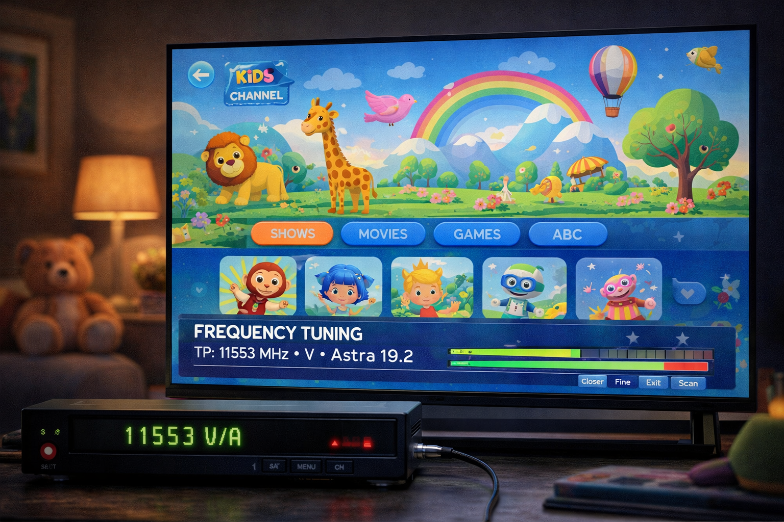 مشهد يوضح ضبط قناة أطفال عبر الرسيفر مع عرض إعدادات التردد بشكل مبسط