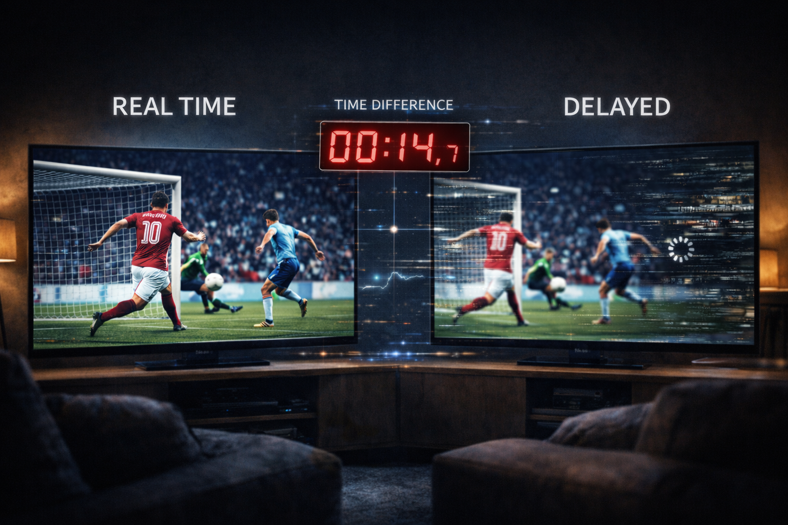 مشهد يوضح الفرق بين الحدث الحقيقي والبث المباشر وتأخير العرض عبر الإنترنت