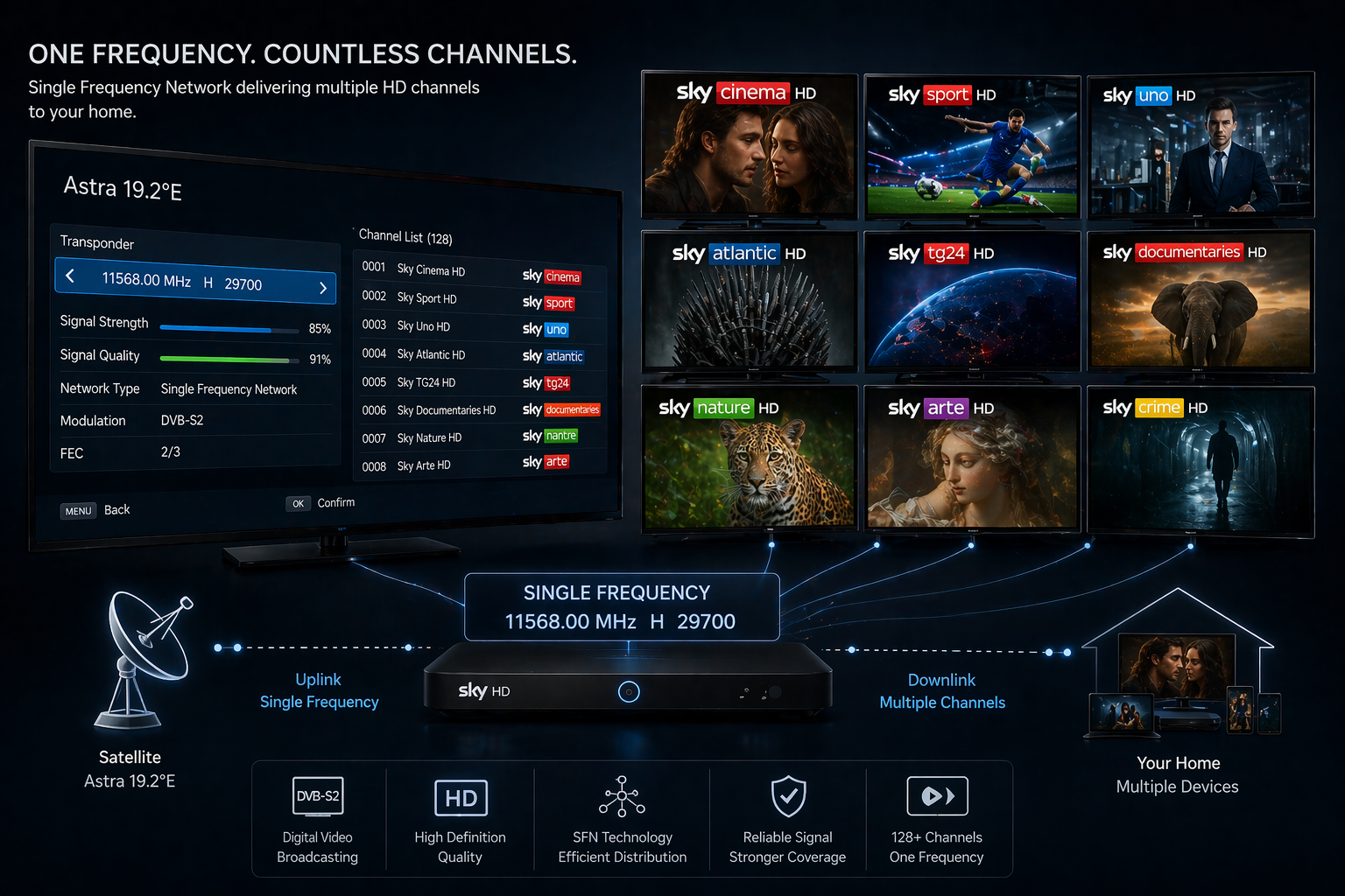 مشهد يوضح استقبال عدد كبير من القنوات الترفيهية من خلال تردد واحد على نايل سات بجودة HD