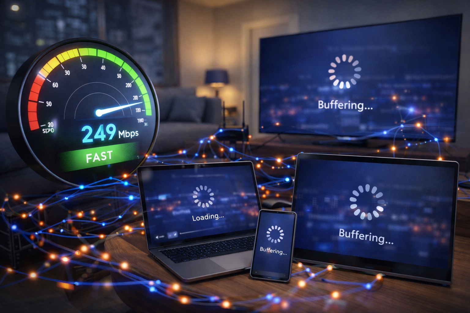 مشهد يوضح تناقض سرعة الإنترنت العالية مع بطء الأداء على الأجهزة بسبب مشاكل الشبكة