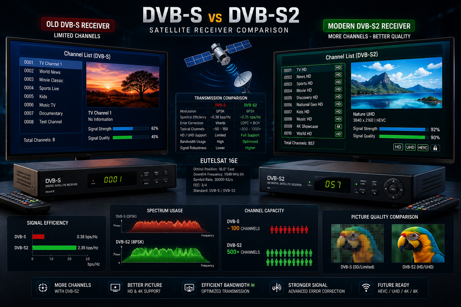 مقارنة بين تقنيتي DVB-S و DVB-S2 وتأثيرهما على استقبال القنوات الحديثة وجودة البث